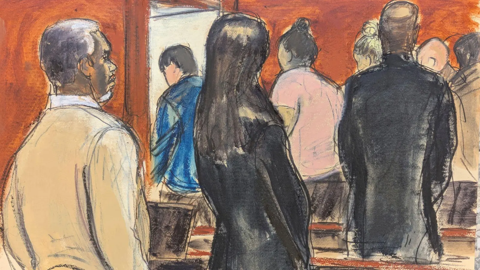 Die Gerichtszeichnung stellt Sean „Diddy” Combs am 1.7. mit seinem Verteidigungsteam dar, wie er zusieht, wie die Geschworenen den Gerichtssaal verlassen. (Bild: Elizabeth Williams/AP/dpa)