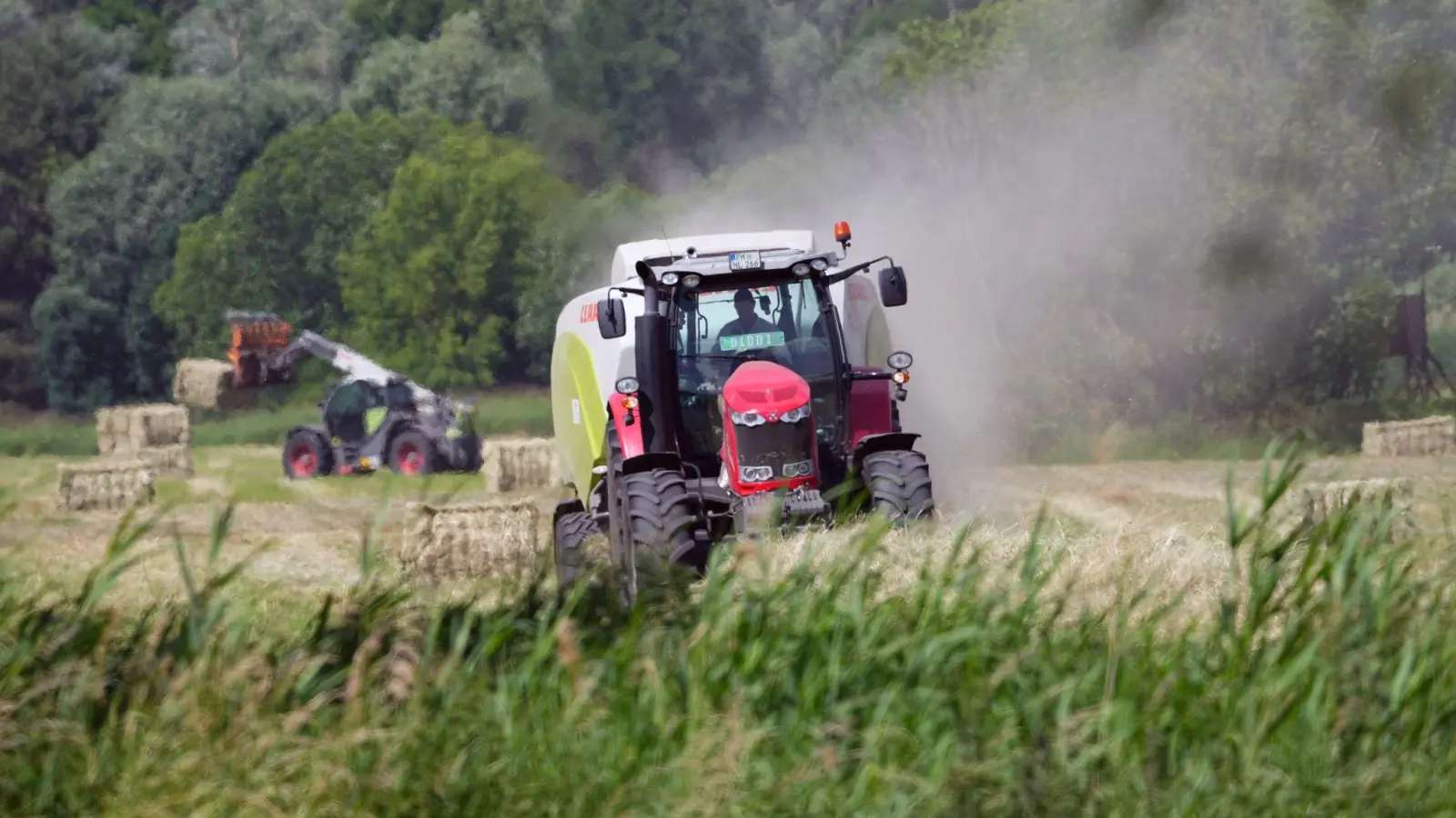 Eine Ballenpresse auf dem Feld. Während Erntearbeiten kam es bei Schalkenthan zu einem Brand. (Symbolbild: Soeren Stache/dpa/ZB)