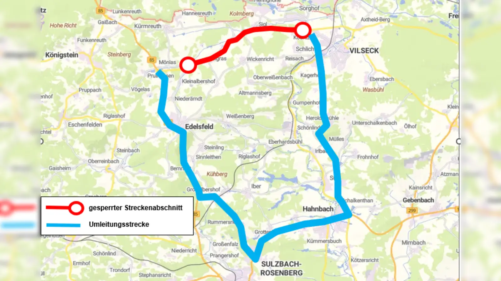 Umleitungsstrecke für die Vollsperrung der St2166 zwischen Mönlas und Vilseck (Bild: Staatliches Bauamt Amberg-Sulzbach)