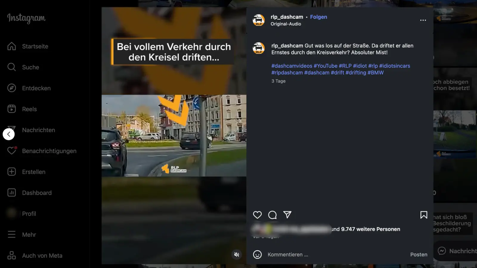 Ein Driftvideo aus Amberg sorgt derzeit für Gesprächsstoff.  (Screenshot: instagram: rlp_dashcam)