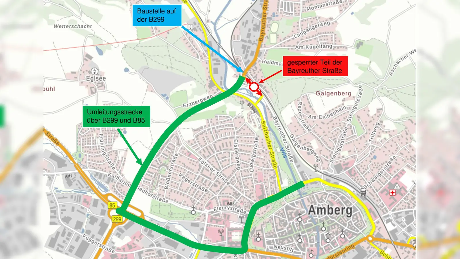 Die Umleitung der inneren Bayreuther Straße erfolgt vom Amberger Zentrum über die B 85 bis zur B 299 (Auffahrt am sogenannten „Amberger Schmetterling“) und von dort zurück zur „äußeren“ Bayreuther Straße. (Bild: Staatliches Bauamt Amberg-Sulzbach/exb)