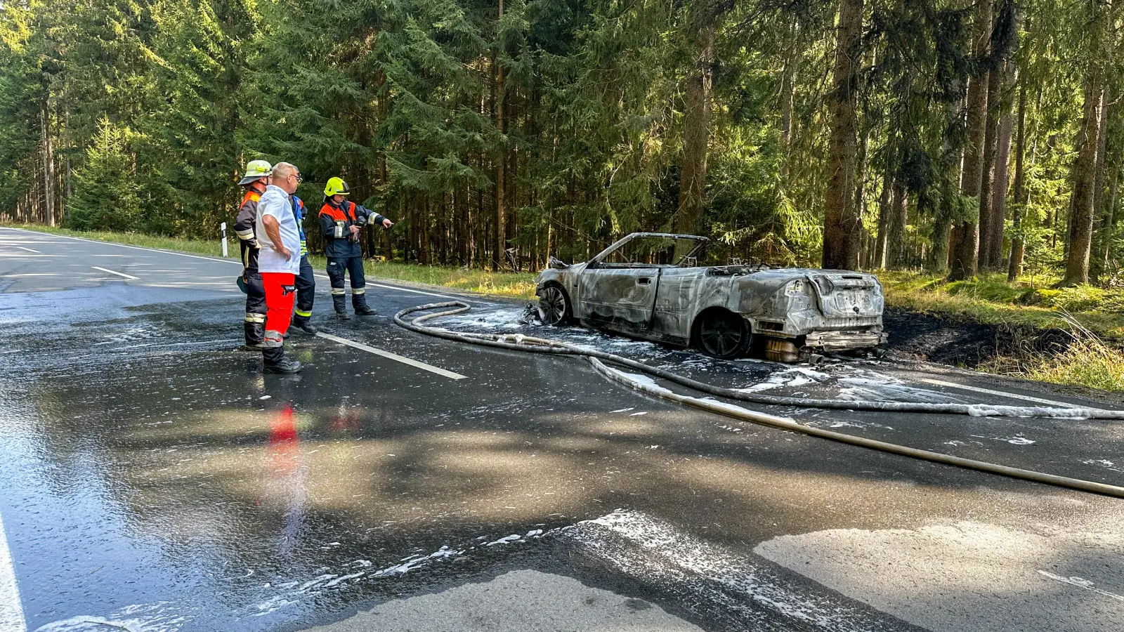 Die Feuerwehren Wurz und Neuhaus konnten den Brand löschen, bevor das Feuer auf den Wald übergreifen konnte.  (Bild: Leon Karwath)