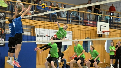 Die U18-Mannschaft des VC DJK Amberg (grüne Trikots) musste sich trotz manch spektakulären Punktgewinns mit dem letzten Platz bei der deutschen Meisterschaft zufriedengeben.  (Bild: Hubert Ziegler)