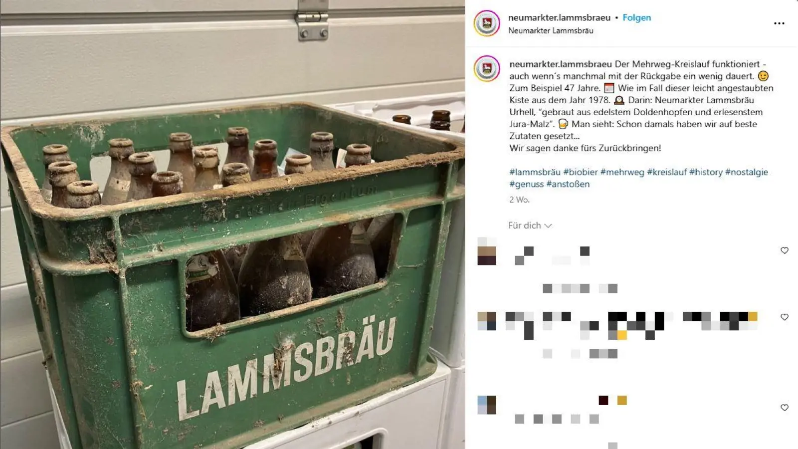 Die Brauerei postet auf Instagram ein Bild des 47 Jahre alten Bierkastens, der nun den Weg zurück gefunden hat. (Screenshot: https://www.instagram.com/p/DE74o_bMbOA/) (Screenshot: Instagram Neumarkter Lammsbraeu)