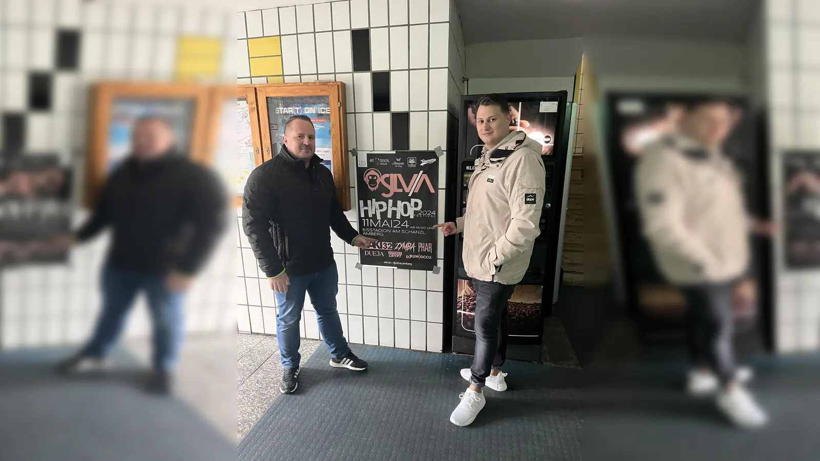 Kevin Heisler und Holger Reuster sind die Organisatoren des Silva Festivals. Das Hip-Hop-Event findet am 11. Mai in der Eishalle in Amberg statt. (Bild: ama)