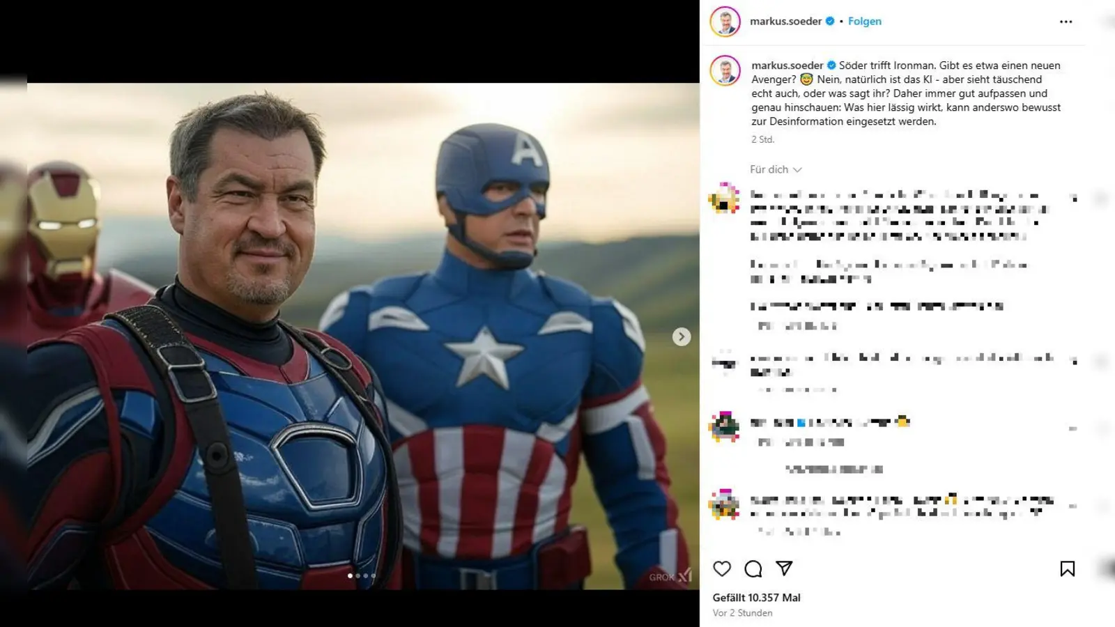 Markus Söder präsentiert sich auf Instagram als Superheld. Dahinter steckt ein Warnung vor KI-Bildern. (https://www.instagram.com/markus.soeder/) (Screenshot: https://www.instagram.com/markus.soeder/)