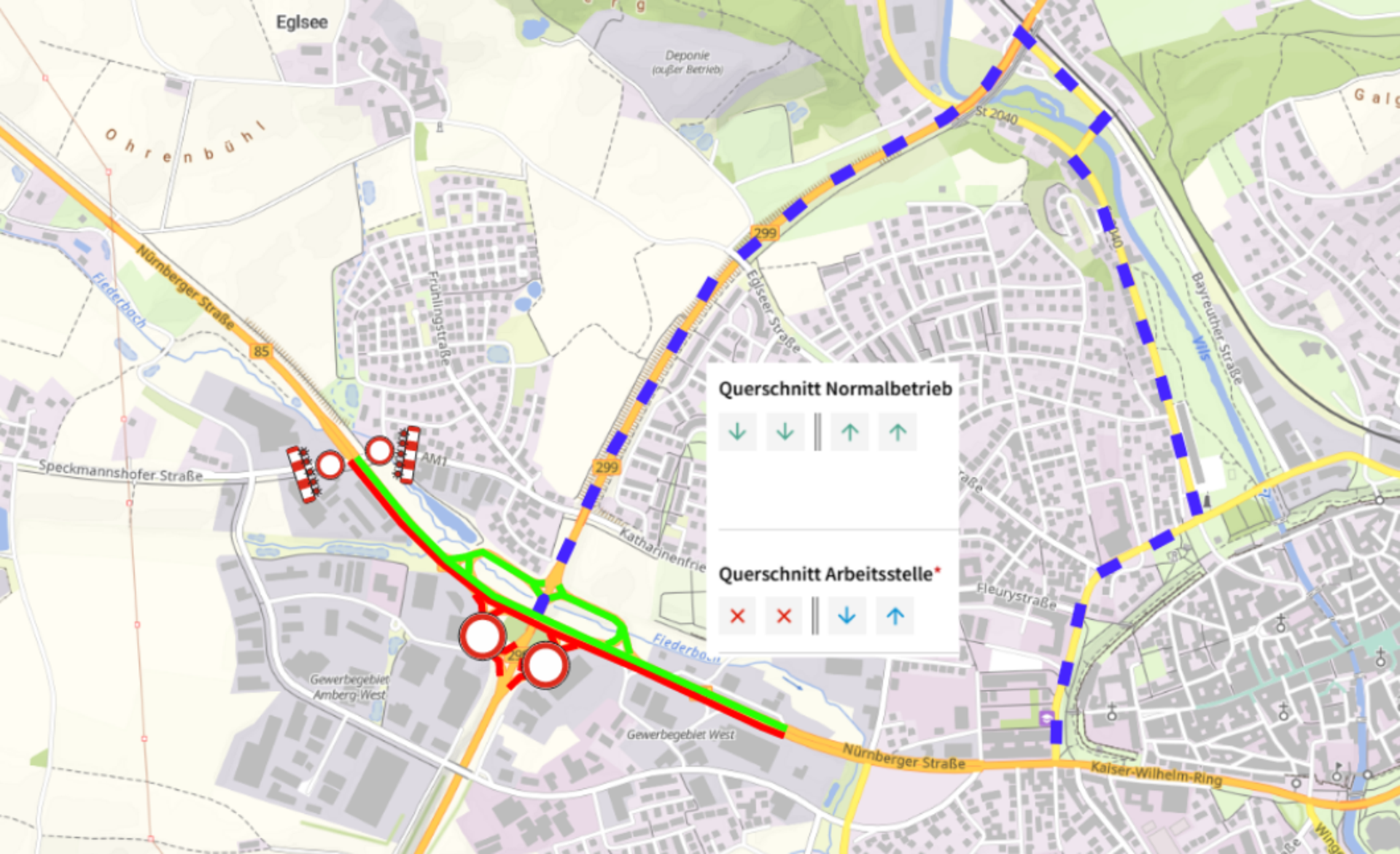 Im Bereich des „Amberger Schmetterlings“ werden die Richtungsfahrbahnen in zwei getrennten Bauphasen gesperrt. Es werden Umleitungen eingerichtet. (Bild: Staatliches Bauamt Amberg-Sulzbach)