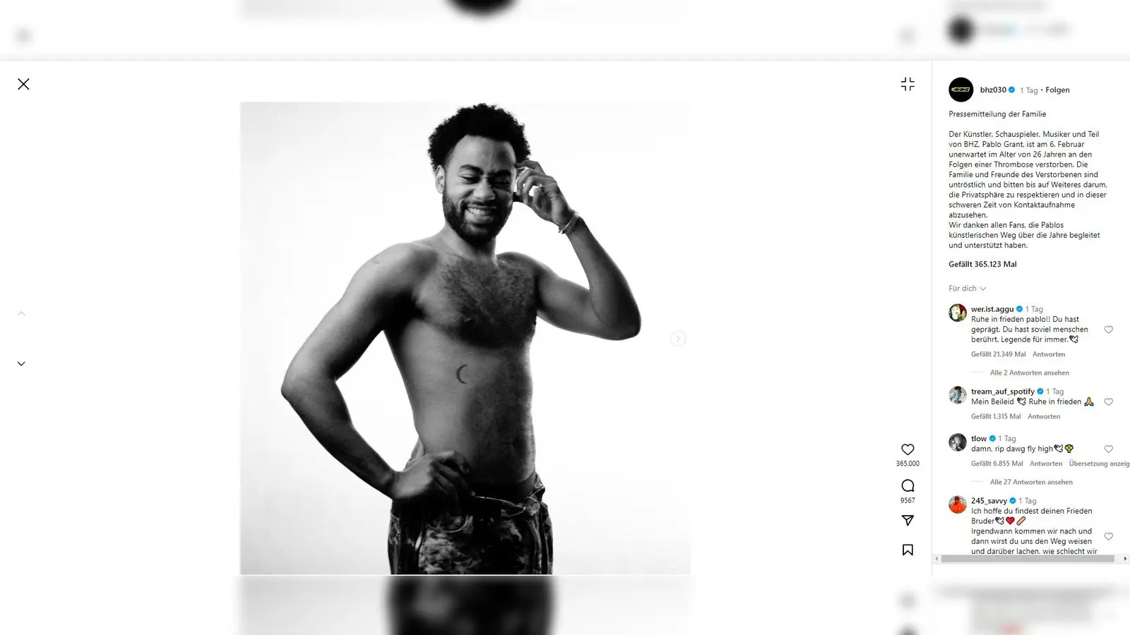 Auf der Instagram-Seite gab BHZ bekannt, dass Pablo Grant am 6. Februar gestorben ist.  (Screenshot: Instagram.com/bhz030)