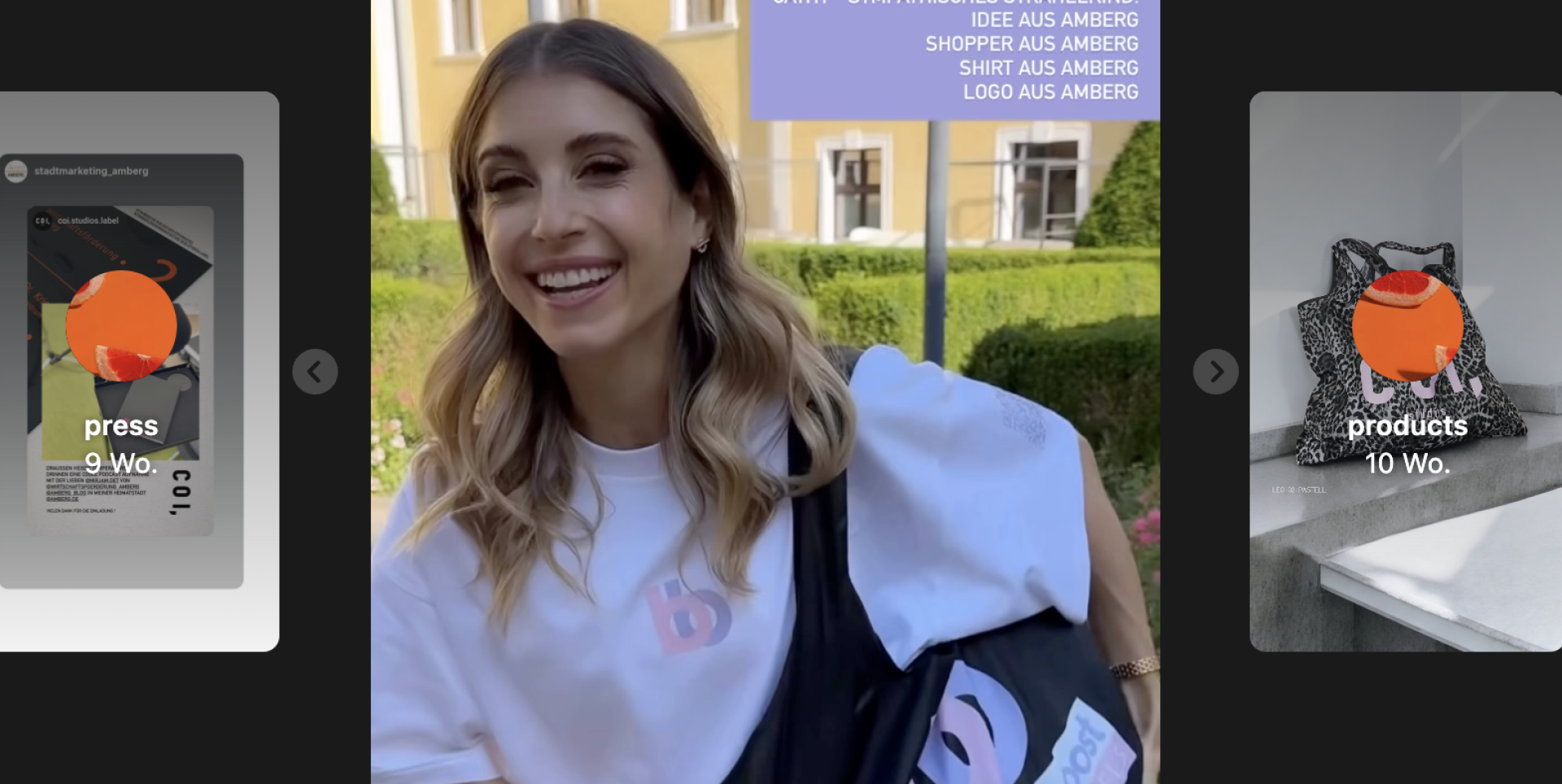 Cathy Hummels mit den von Tom Beer designten Taschen und Shirts für die „Balance Boost Days”. (Screenshot: instagram: cathyhummels)