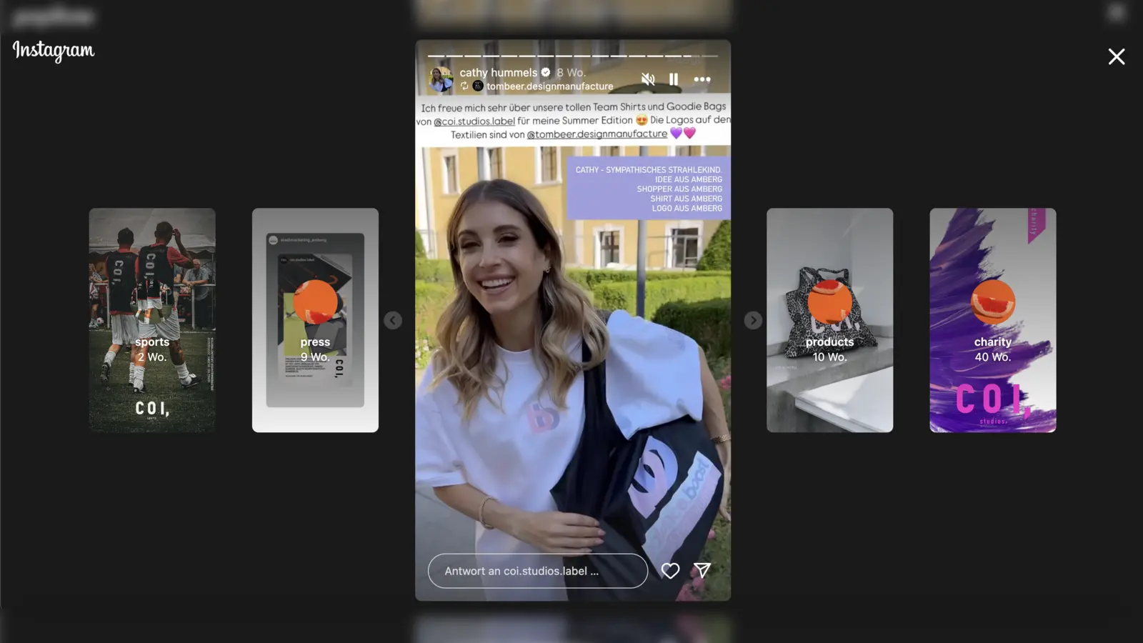 Cathy Hummels mit den von Tom Beer designten Taschen und Shirts für die „Balance Boost Days”. (Screenshot: instagram: cathyhummels)