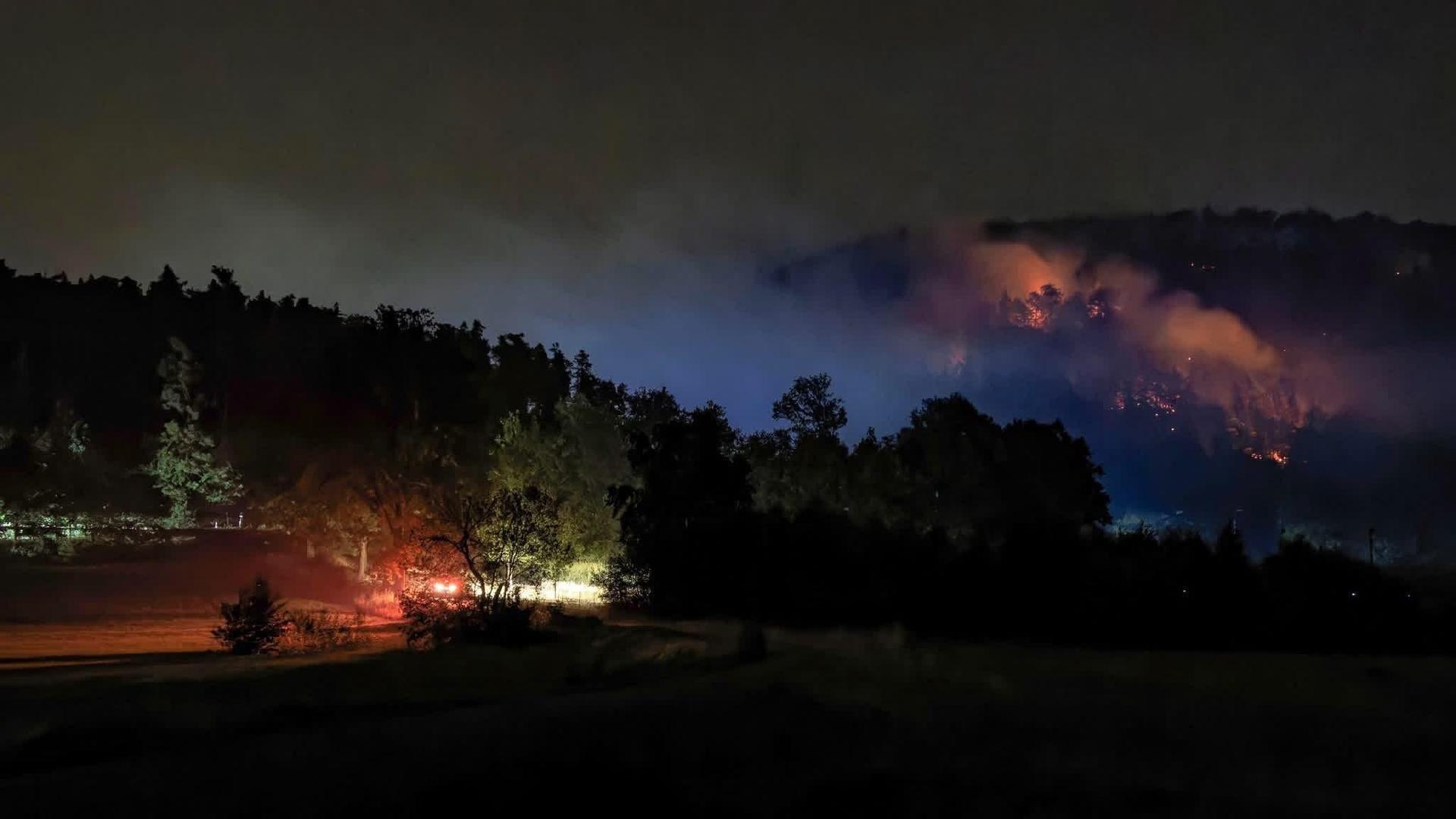Bis spät in die Nacht kämpften die Einsatzkräfte am Freitag gegen die Flammen rund um den Johannisberg in Freudenberg. (Bild: Hermann Koch)